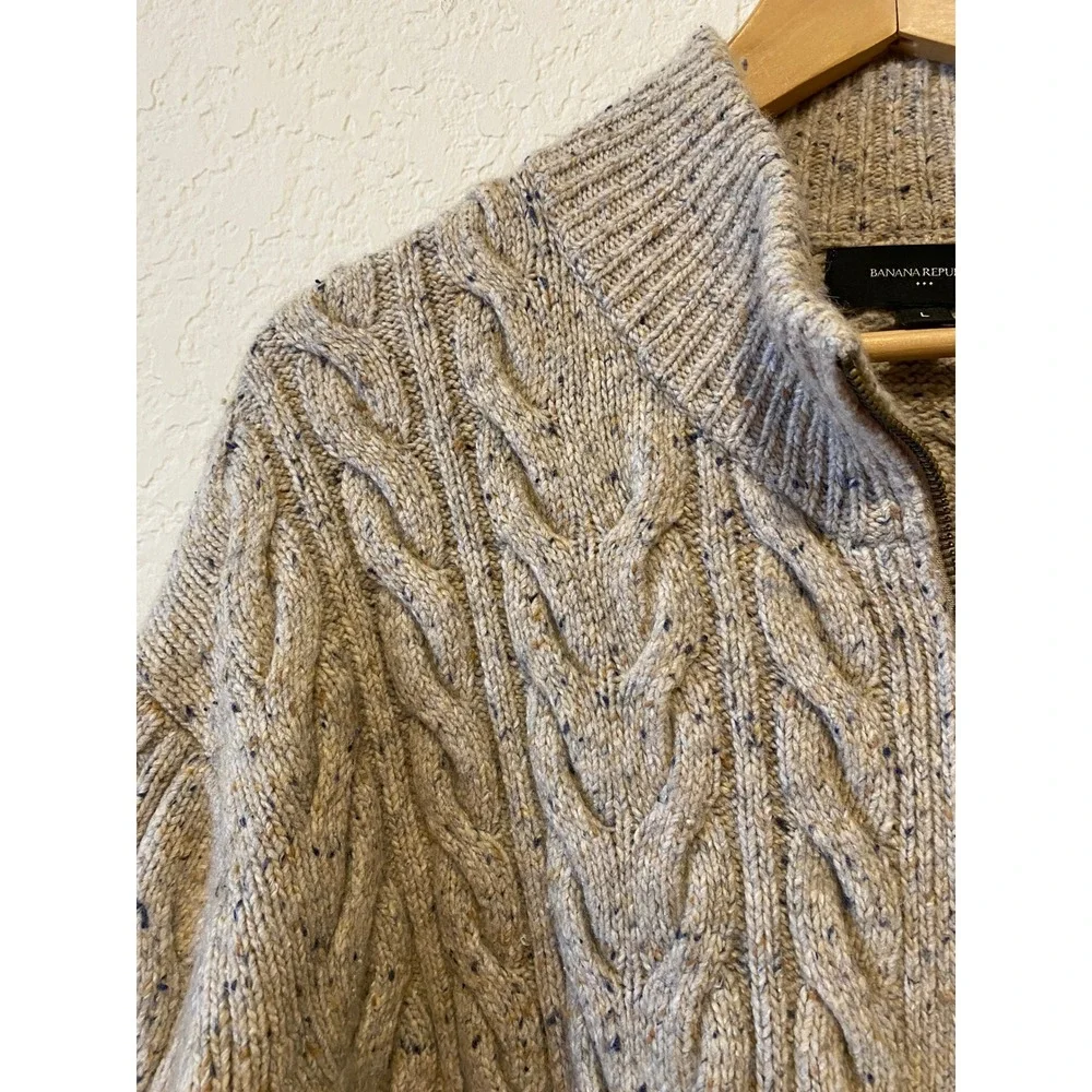 Banana Republic Full Zip‎ Cable Knit Sweater Size L Beige Wool Fisherman Old $